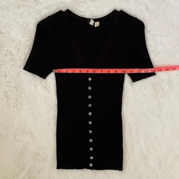 Anthropologie Moth Ribbed Black Button Up Cardigan Short Sleeve Top - Picture 6 of 9